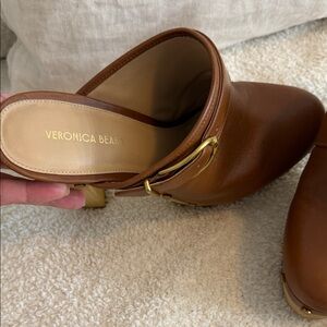 Veronica Beard Tan Leather Mules with Gold Accent